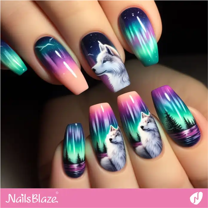 Aurora Nails with Arctic Wolf | Polar Wonders Nails - NB3135